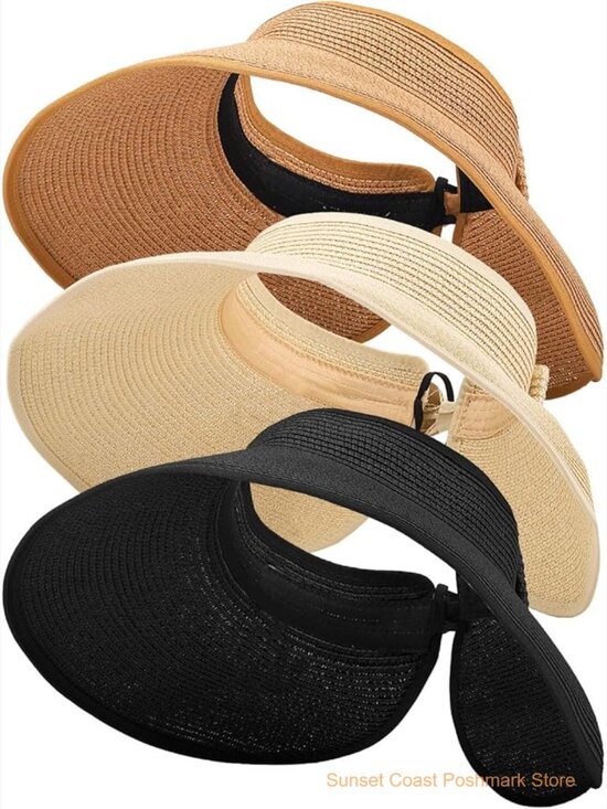 Foldable Straw Sun Visor Hats Wide Brim Ponytail Summer Beach